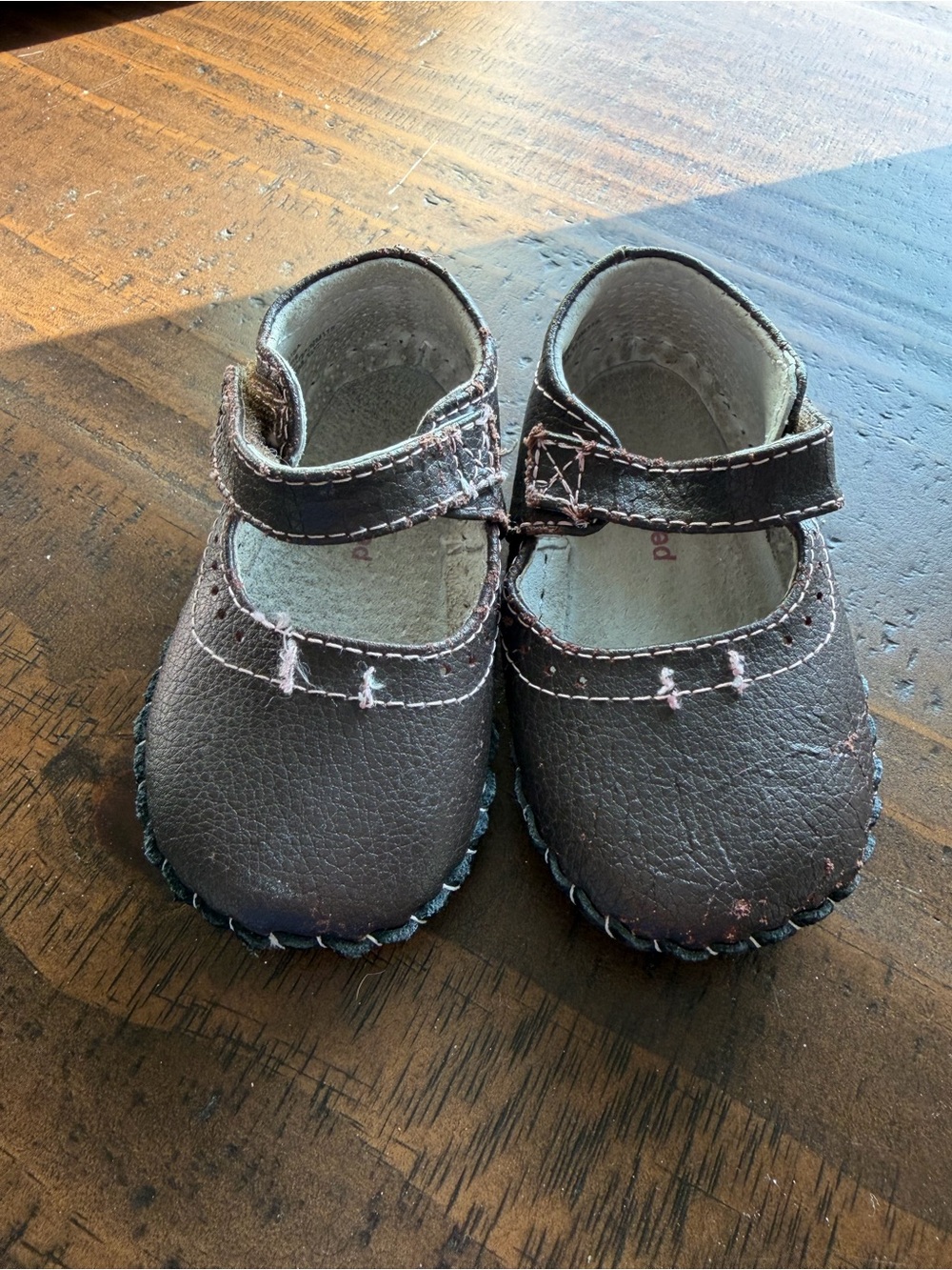 pediped Brown Mary Jane Baby Shoes with Pink Stitching
